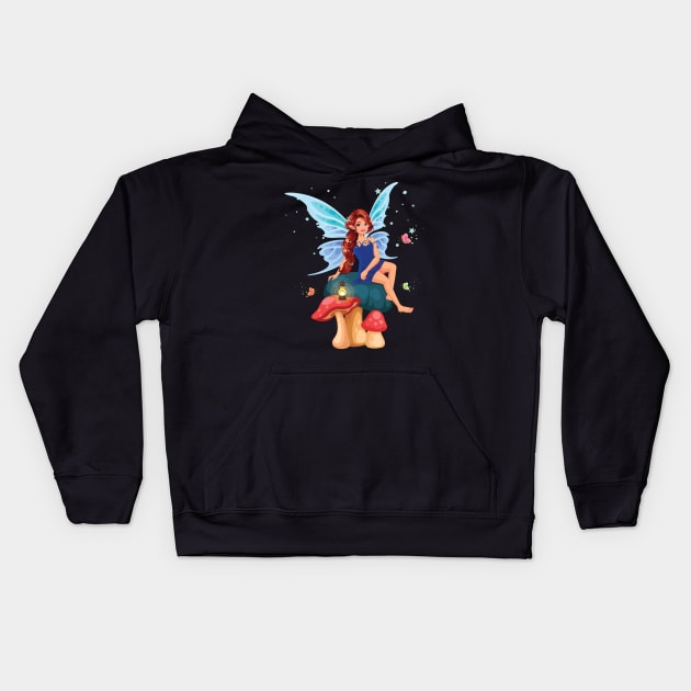 little fairy sitting mushroom Kids Hoodie by PG